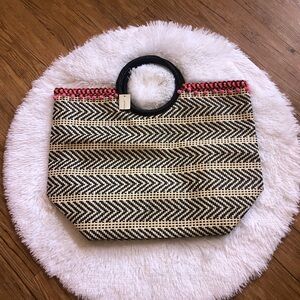 Boho Black and Cream Straw Tote Bag